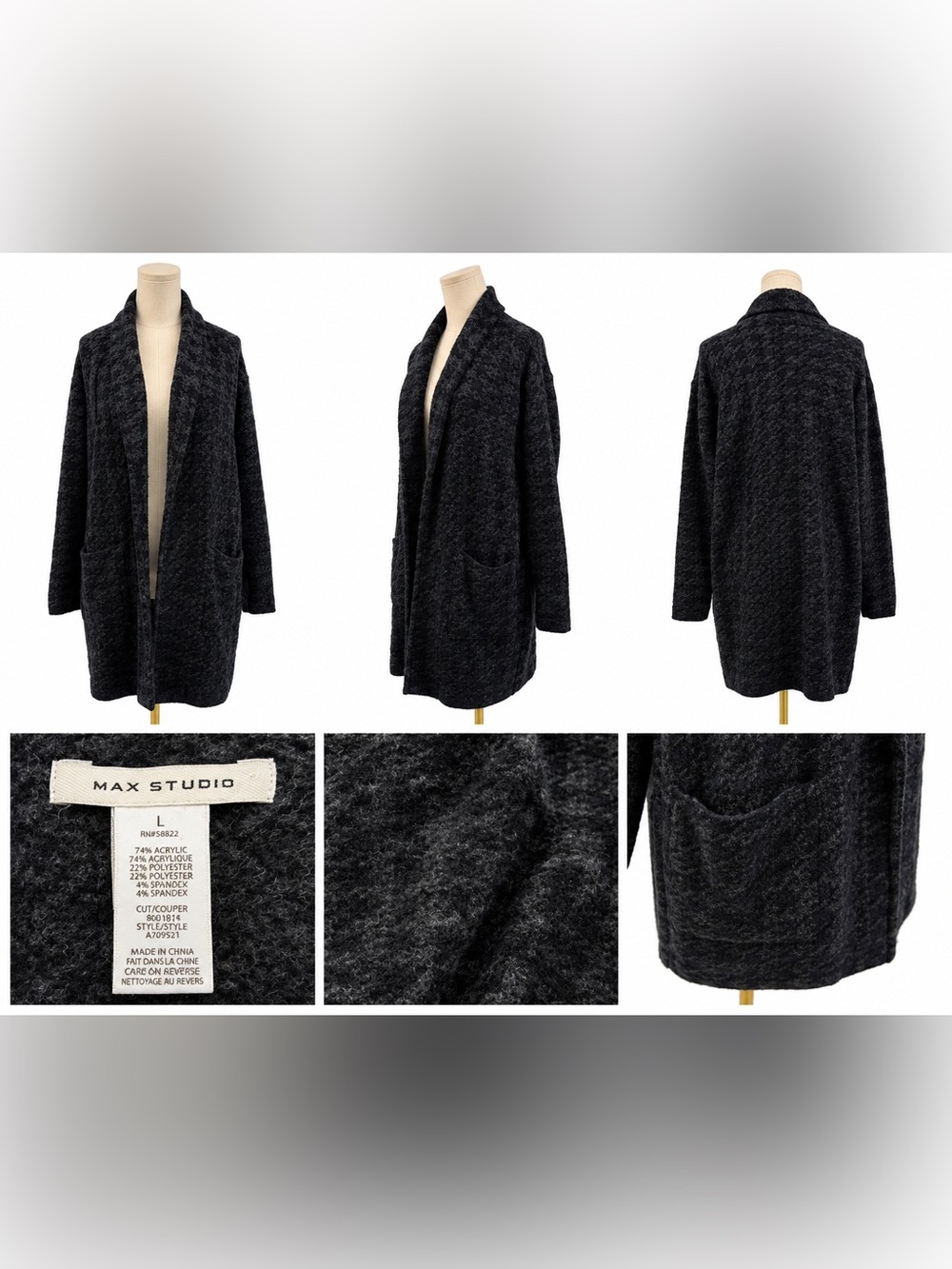 Max Studio Women’s Large Black Charcoal Heavy Knit Open Front Cardigan - Picture 5 of 5
